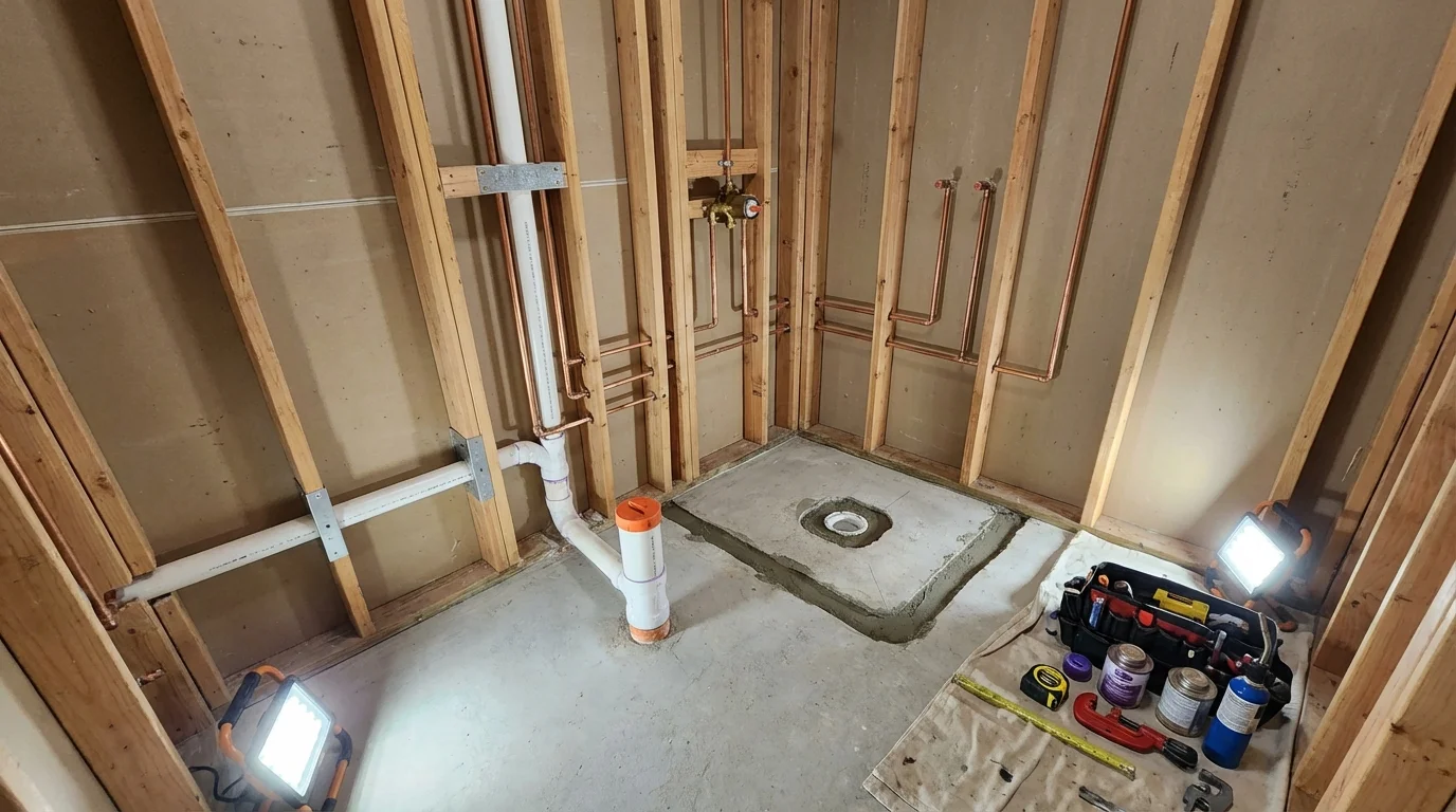 Bathroom rough-in plumbing during remodel by Johns Plumbing LLC in Grapeland