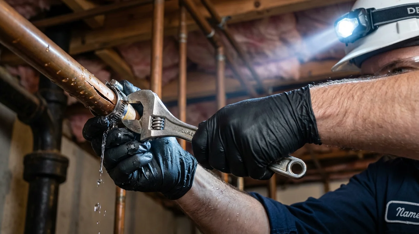 Emergency pipe clamp repair being performed by a Johns Plumbing LLC plumber in Grapeland
