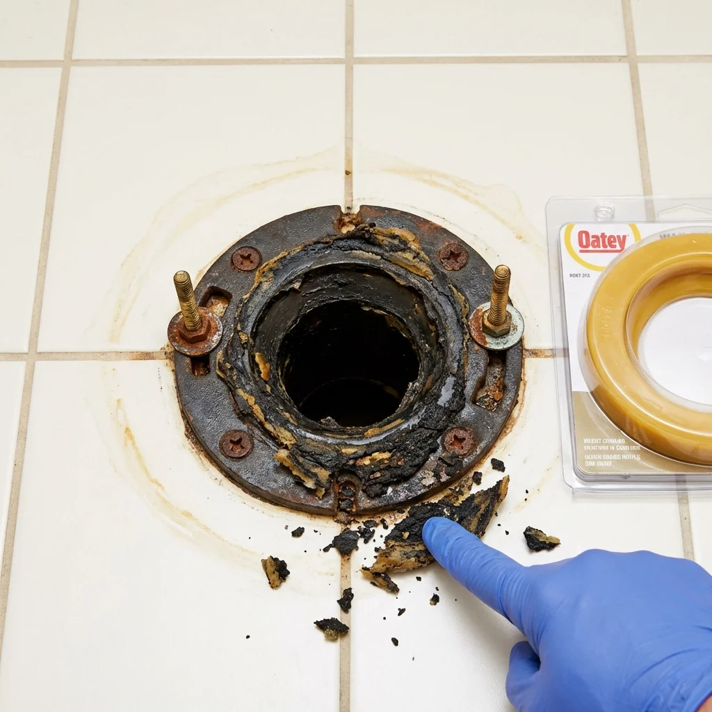 Failed wax ring showing water seepage at the base of a toilet in a Grapeland, TX home