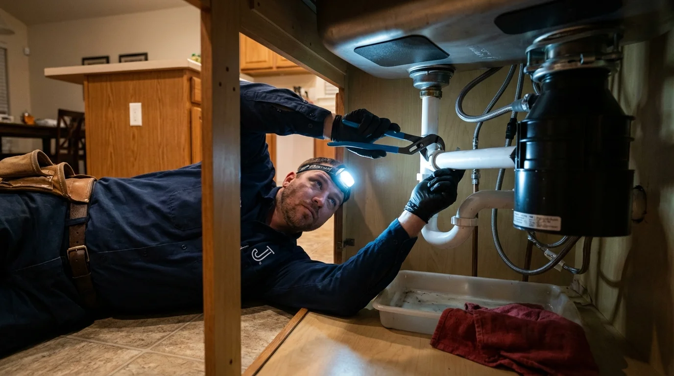 P-trap and supply line connections under a kitchen sink showing a common leak point in Grapeland, TX